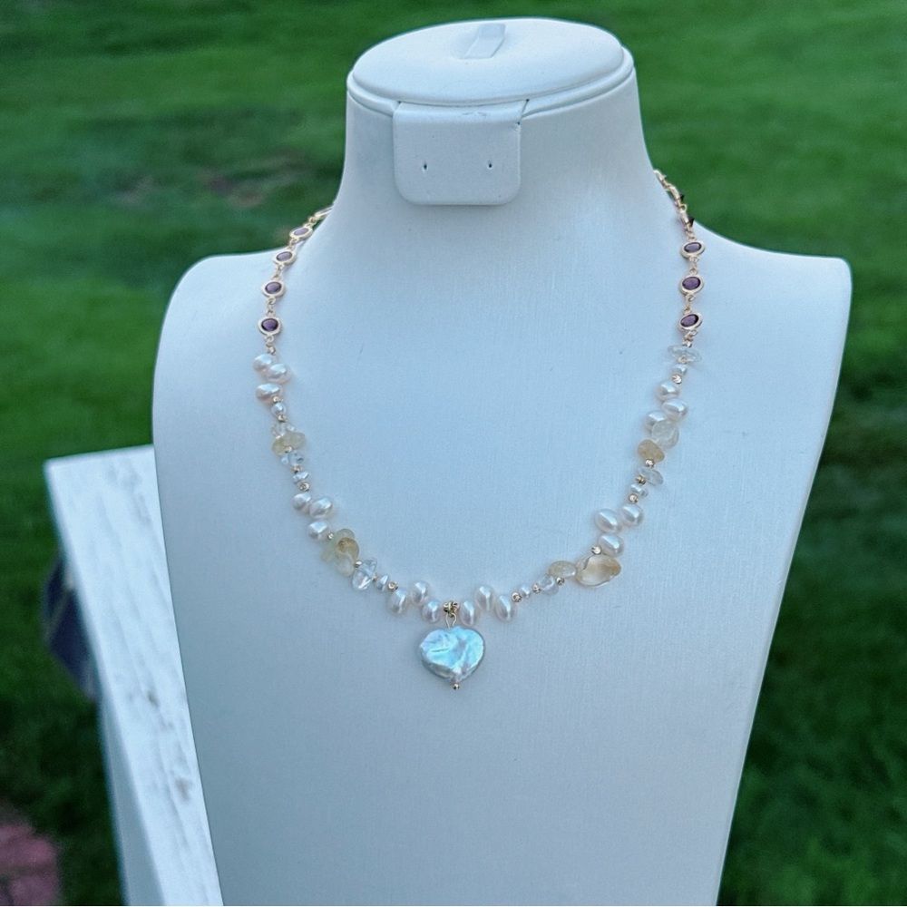 X596 Handmade Freshwater Baroque Pearl Citrine Necklace with Heart Pendant - Picture 3 of 9